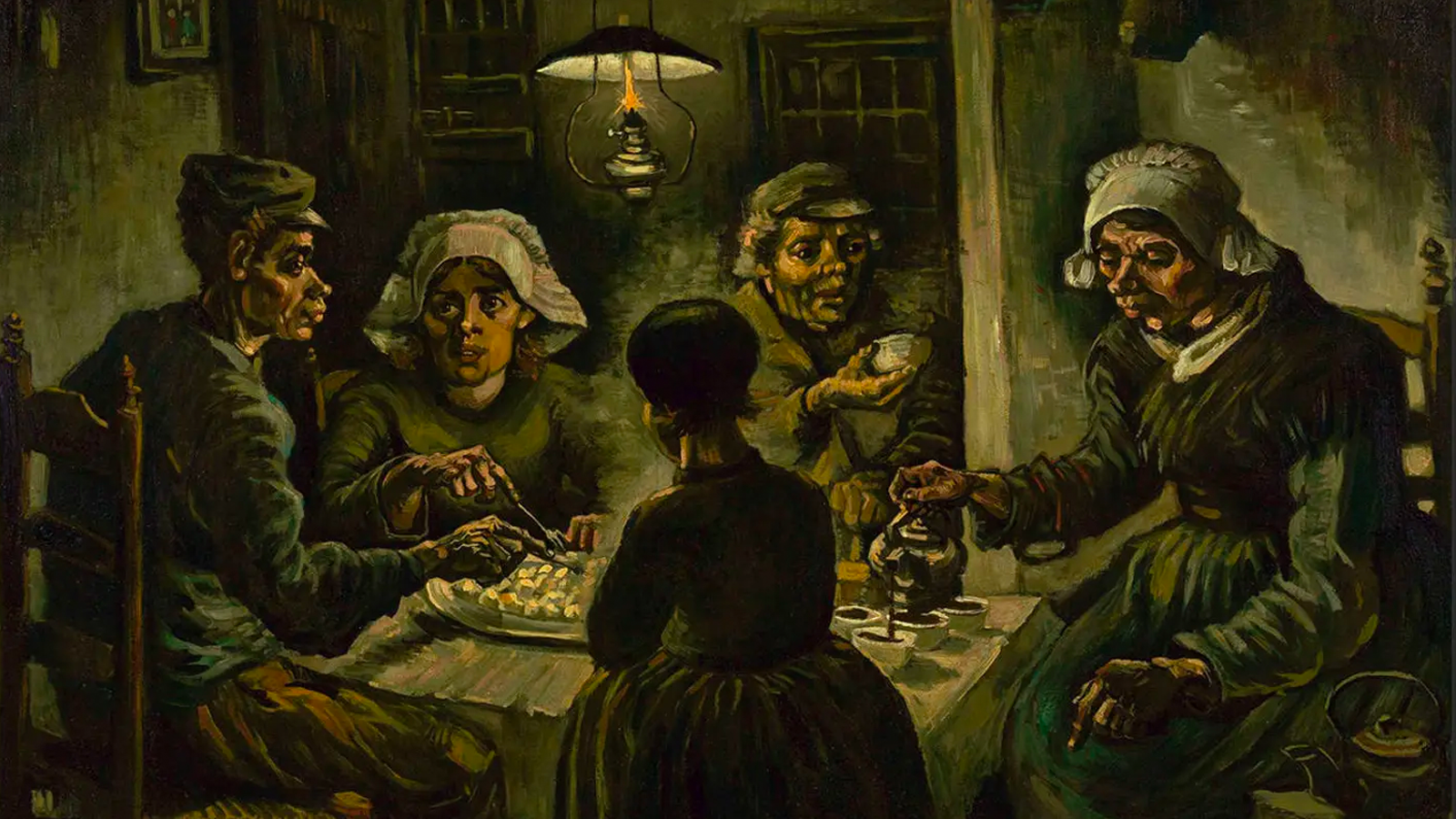 The picture is the Vincent Van Gogh painting called the Potato Eaters from 1885. It depicts a group of people sat around a table, eating potatoes.